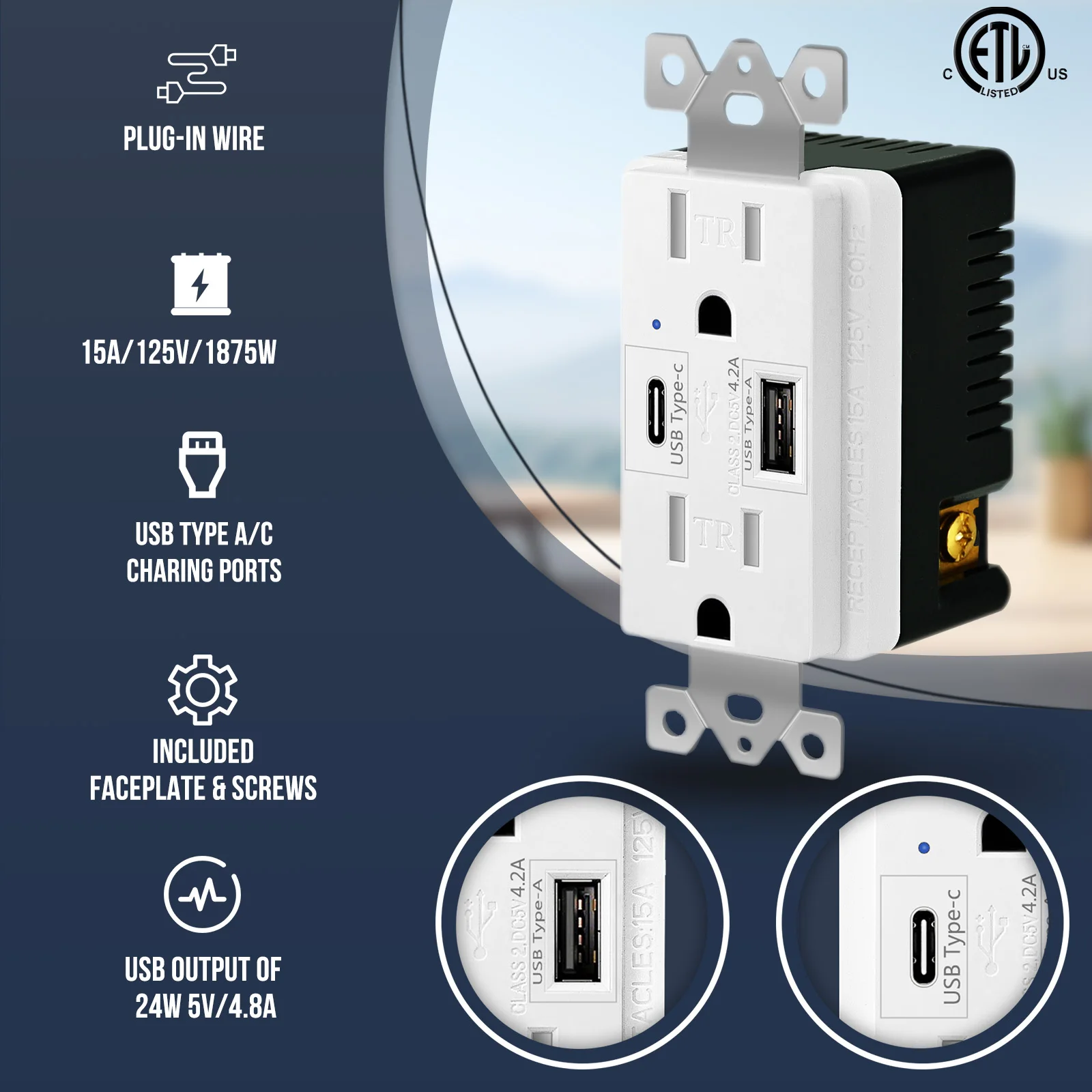 NineLeaf 4.2/5.8A Wall Dual USB พอร์ตประเภท C Outlet Tamper Resistant ซ็อกเก็ตสำหรับ Apple Samsung XIAOMI Huawei อุปกรณ์ใช้