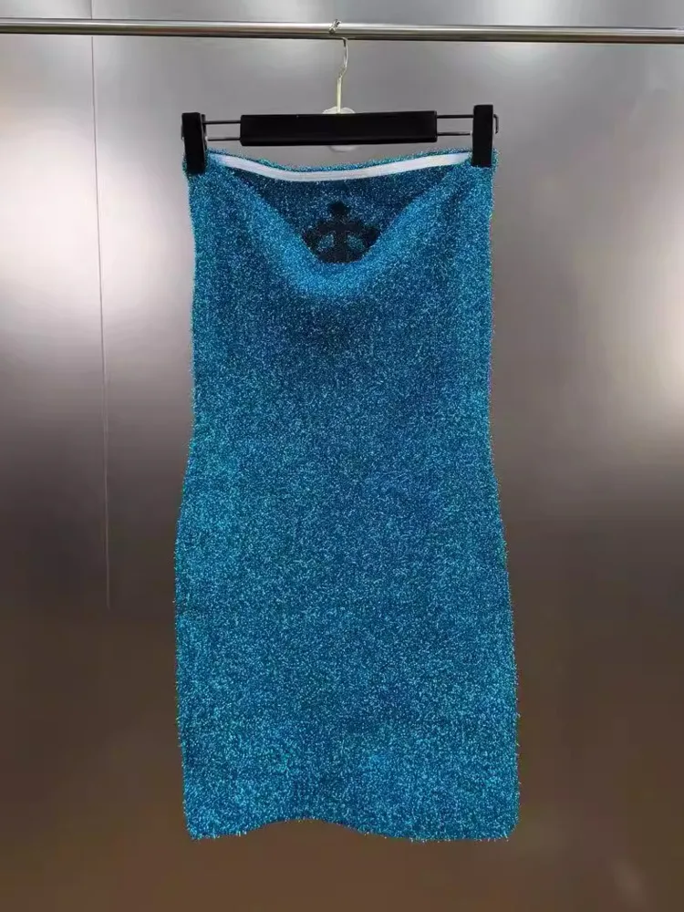 DFDG Damska Letnia Turkusowa Sukienka Bez Ramiączek z Cekinami, Obcisła Mini Sukienka, Błyszcząca Sukienka na Imprezę, Modna Sukienka Klubowa 2025, Kobieca Moda