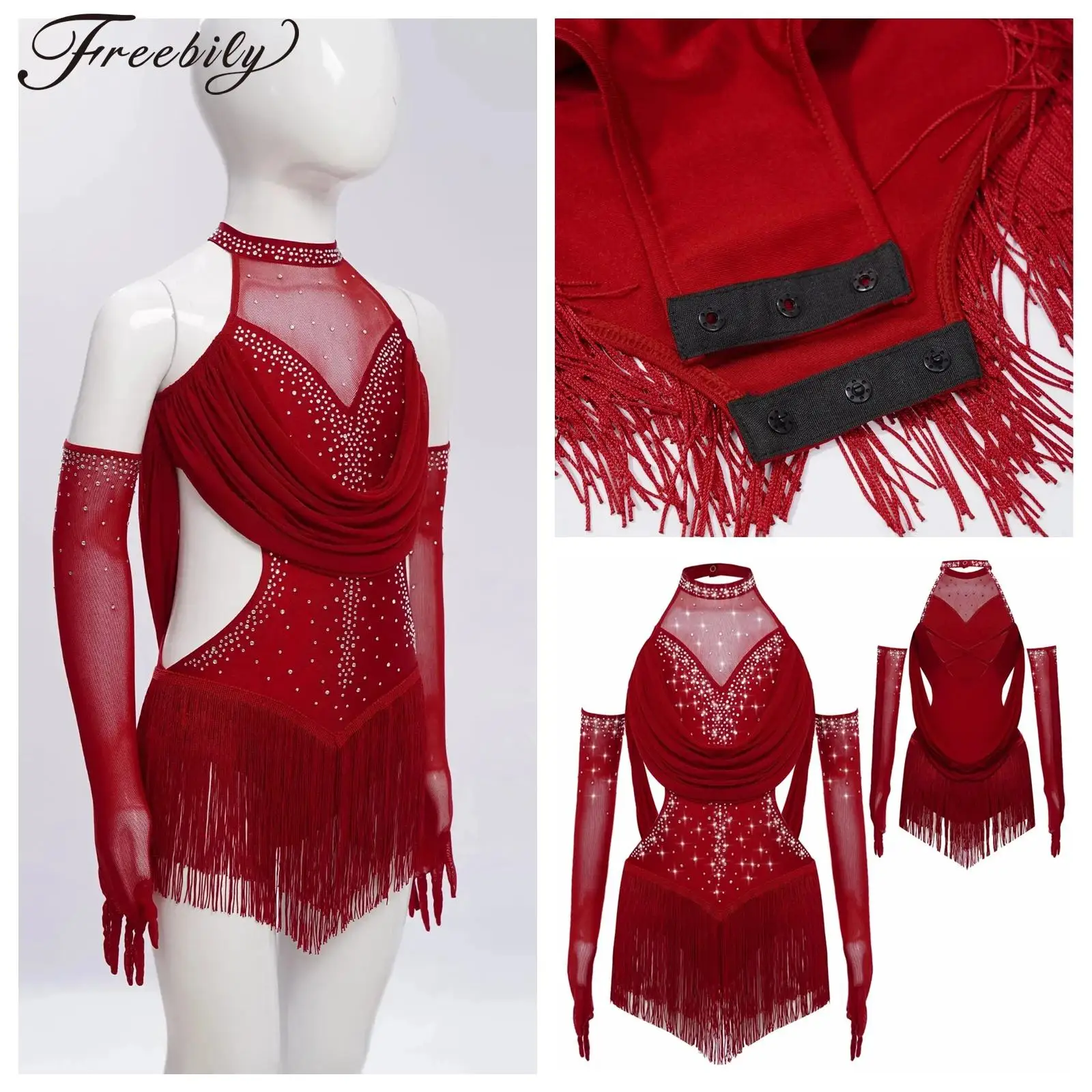 

Kids Girls Latin Leotard with Mesh Gloves Tango Classical Dance Costume Ruched Drapes Cutout Tassel Glittery Dancing Clothes