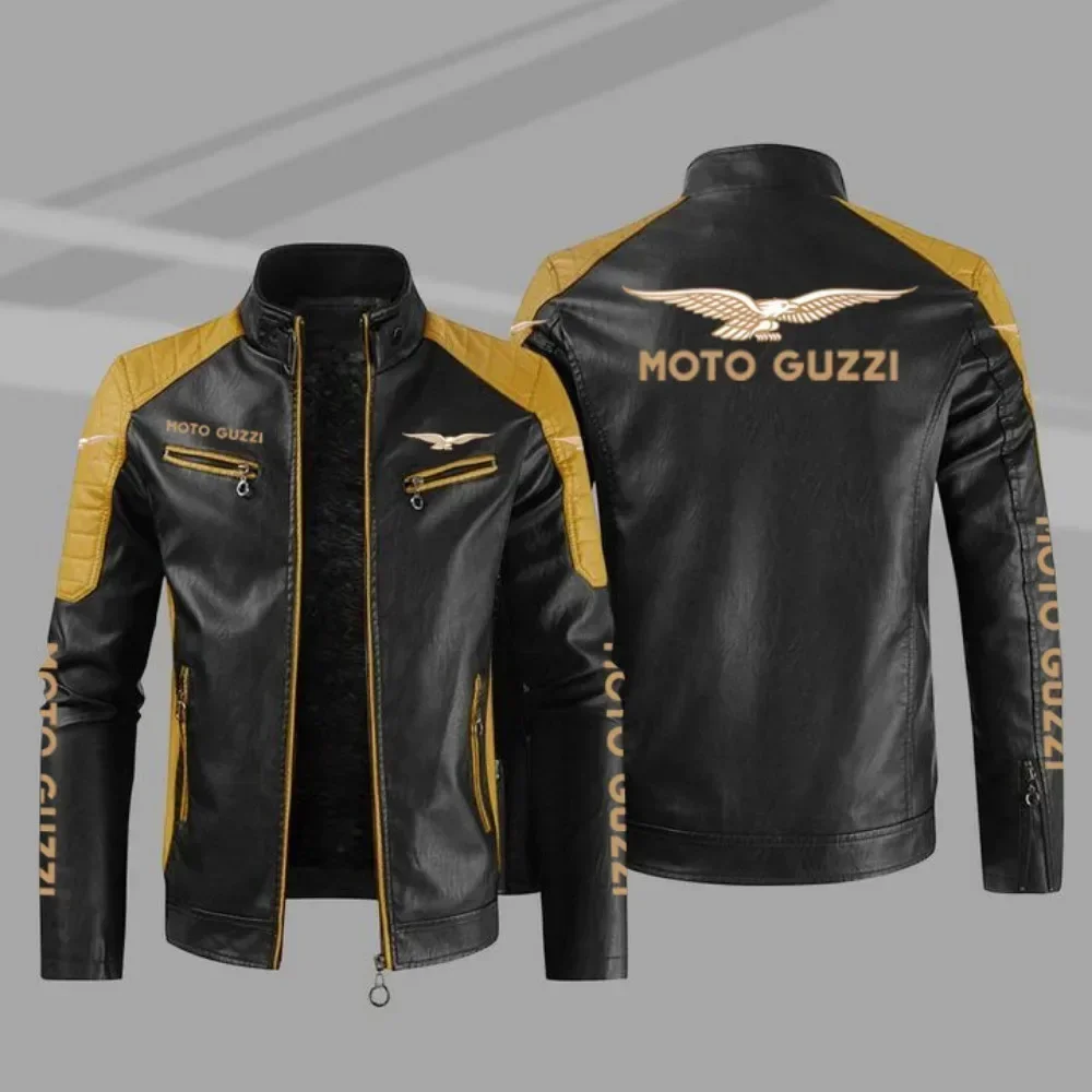 New motorcycle style leather jacket Moto Guzzi color stand collar leather jacket spring and autumn style without velvet jacket