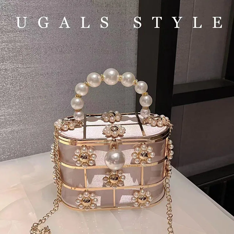 Luxury Fashion Hollow Out Gold Metal Cage Pearl Beading Women's Handbag Evening Bag Wedding Party Clutch Purse Crossbody Bag