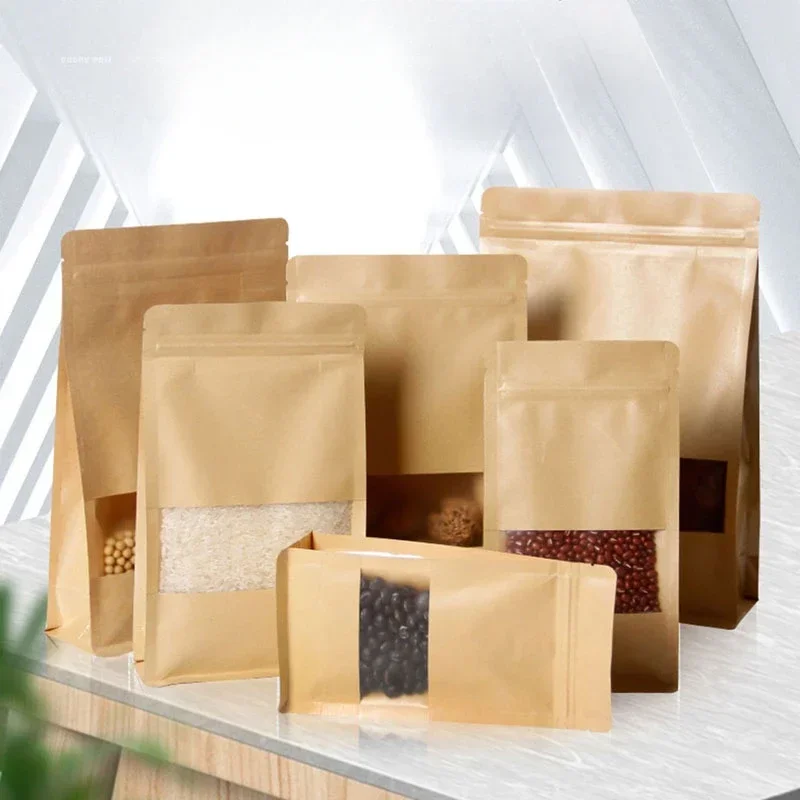 Kraft Paper Bag Frost Self Sealing Bag Food Tea Window Opening Self Standing Pouch Jujube Nut Millet Kraft Display Bags 100pcs