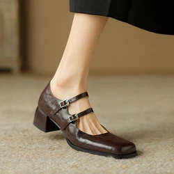 NEW Spring Women Pumps Genuine Leather Shoes for Women Square Toe Chunky Heel Shoes Retro Mid-heel Mary Janes Shoes zaptos mujer