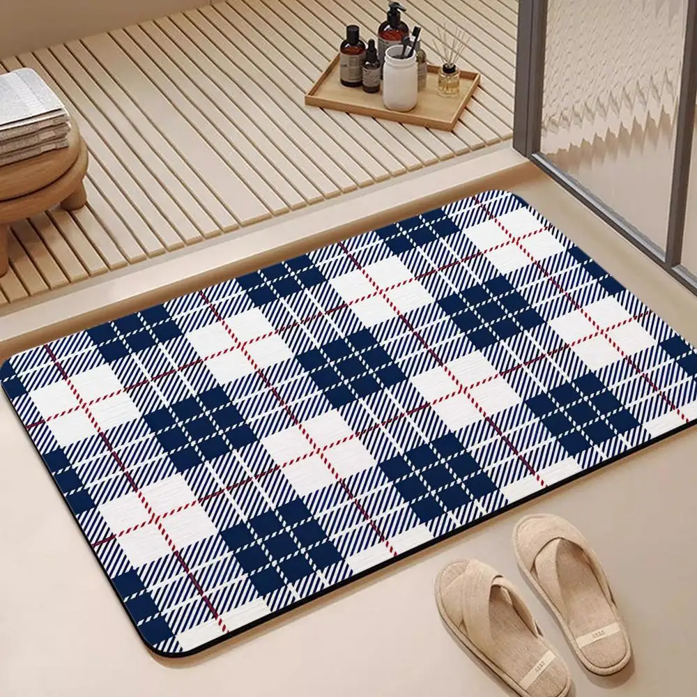 English Gingham P-Pattern Floor Mat Diatomite Bath Mat, Quick Dry, Absorbent, Multi-Scene Mat