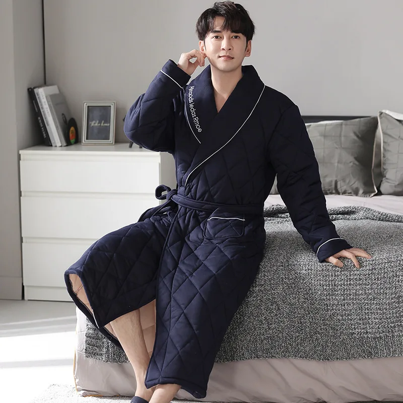 Mens Luxury Plaid Robe Autumn Winter Thick Long Bathrobes Man Cotton Soft Dressing Gown Breathable Kimono Bath Robe Plus Size