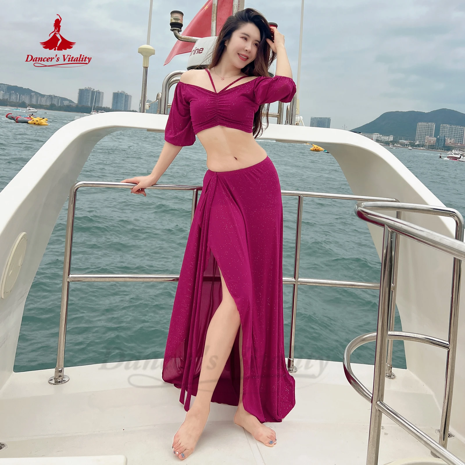 Dancer Belly Dance Dress Half Sleeves Top+split Long Skirt 2pcs Oriental Dance Performs Training Group Clothes Belly Dance Suit