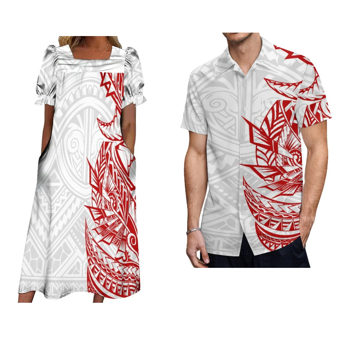 

Pacific Island-Style Custom Summer Puffed Sleeve Women'S Mumu Dress Pocket Design With Men'S Shirt Polynesian Couple Suit