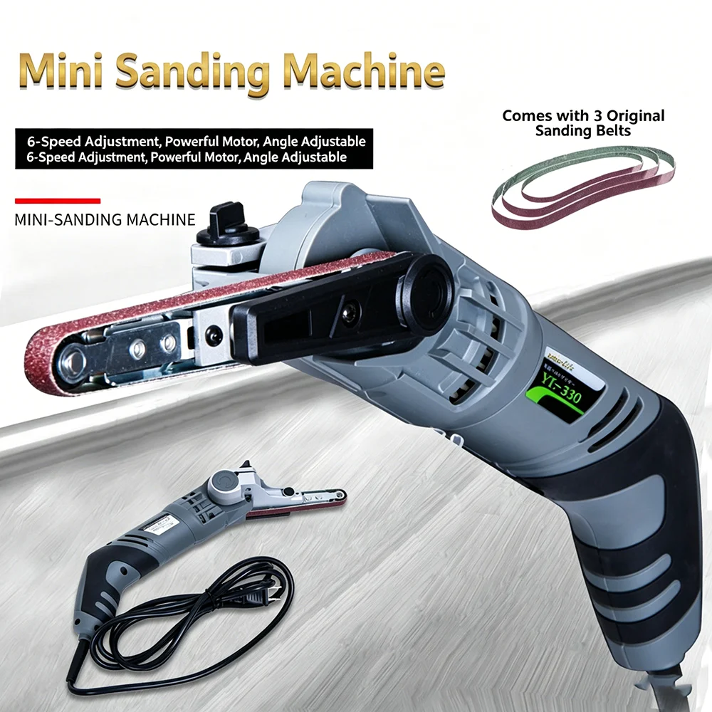 260W 220V Mini Belt Sander Polishing Grinding Machine 6-Speed 5500-7000rpm, 60° Adjustable, 10x330mm Belt for Wood Metal DIY