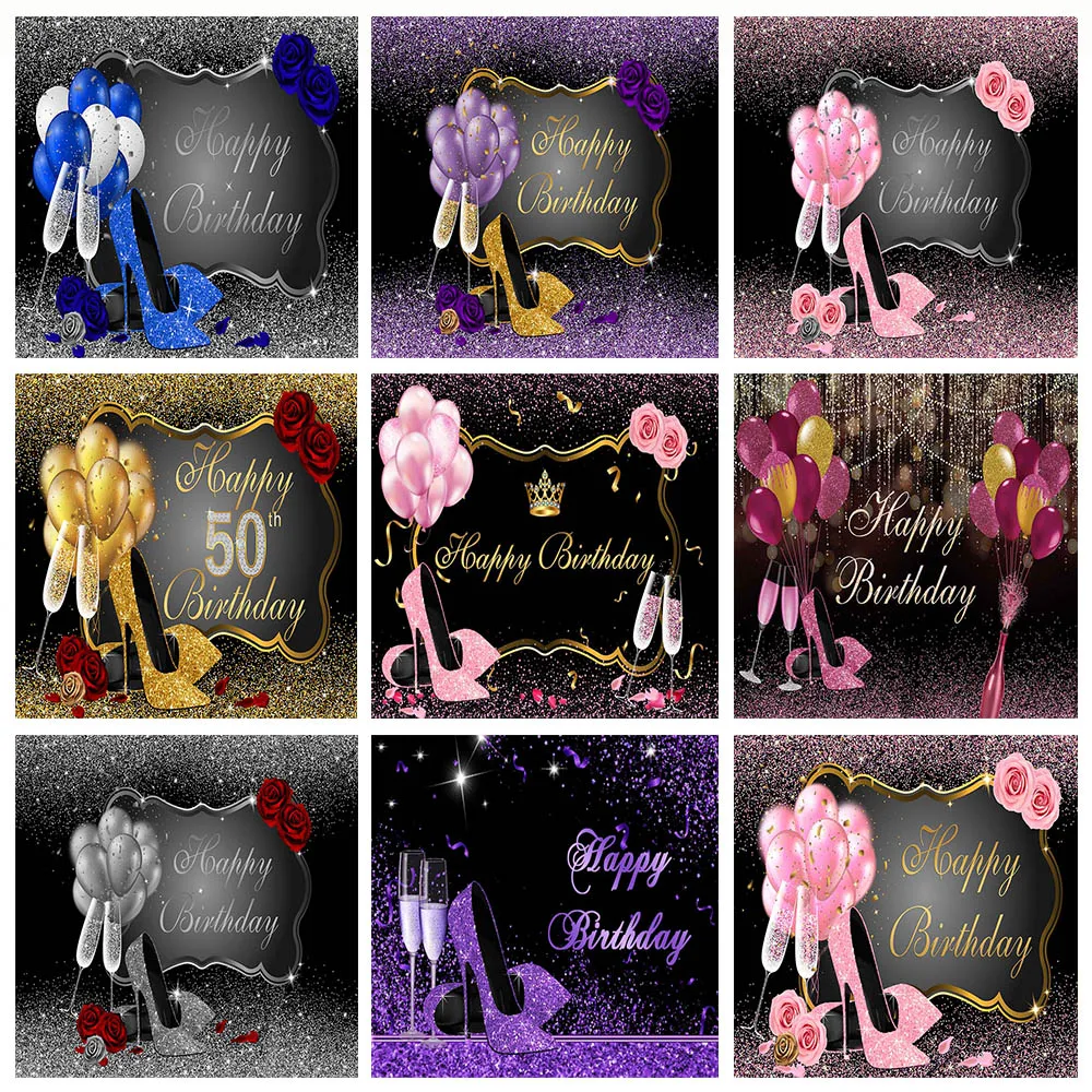 

Avezano Happy Birthday Background Girl Glitter High Heels Balloon Rose Flowers Champagne Custom Backdrop for Photography Decor
