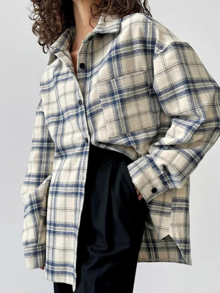 Bornladies Women\'s Loose Plaid Long Sleeved Lapel Shirt Fashion Office Lady Blouse Autumn Winter Casual New Checkered Coat