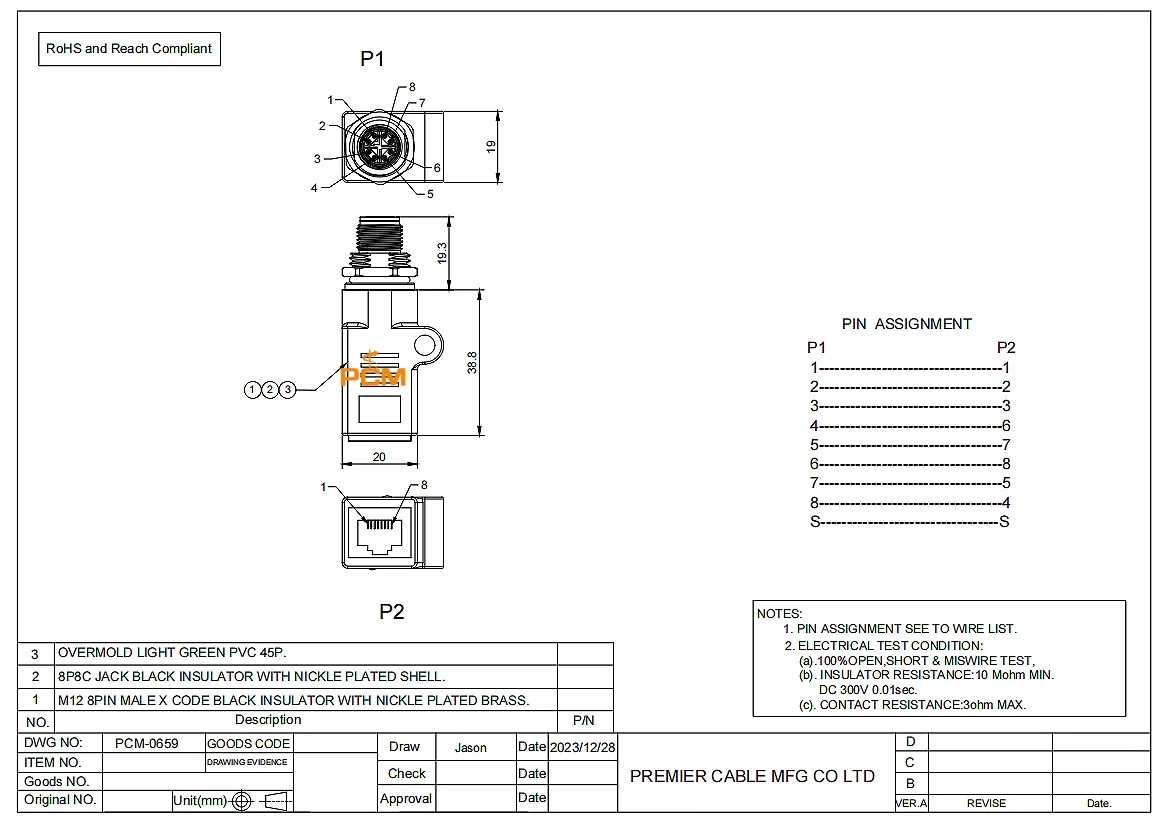 Adaptador M12 de 8 pines tipo X a RJ45, resistente al agua IP67, Ethernet M12 de 8 pines, código X macho/hembra a conector de Sensor RJ45 Industrial