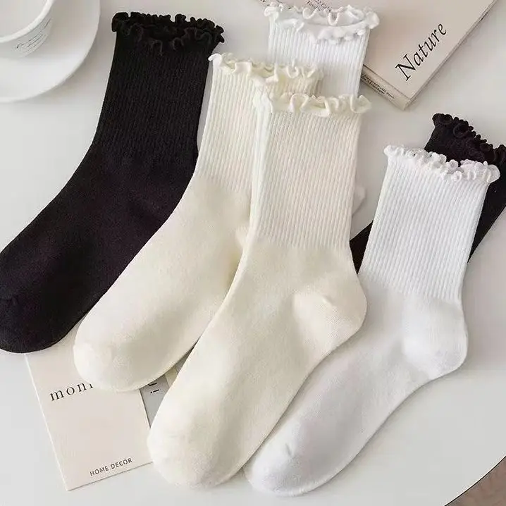 

5 Pairs /Lot Socks for Women Ruffle Middle Tube Ankle Short Breathable Black White Set Spring Autumn