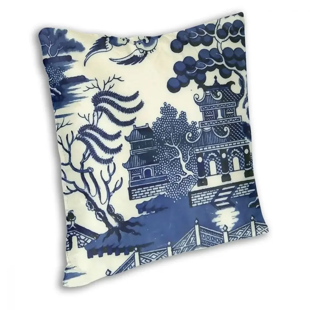 Antique Willow Ware Oriental Toile Throw Pillow Cover Polyester Throw Pillow Blue Delft Vintage Pillowcase