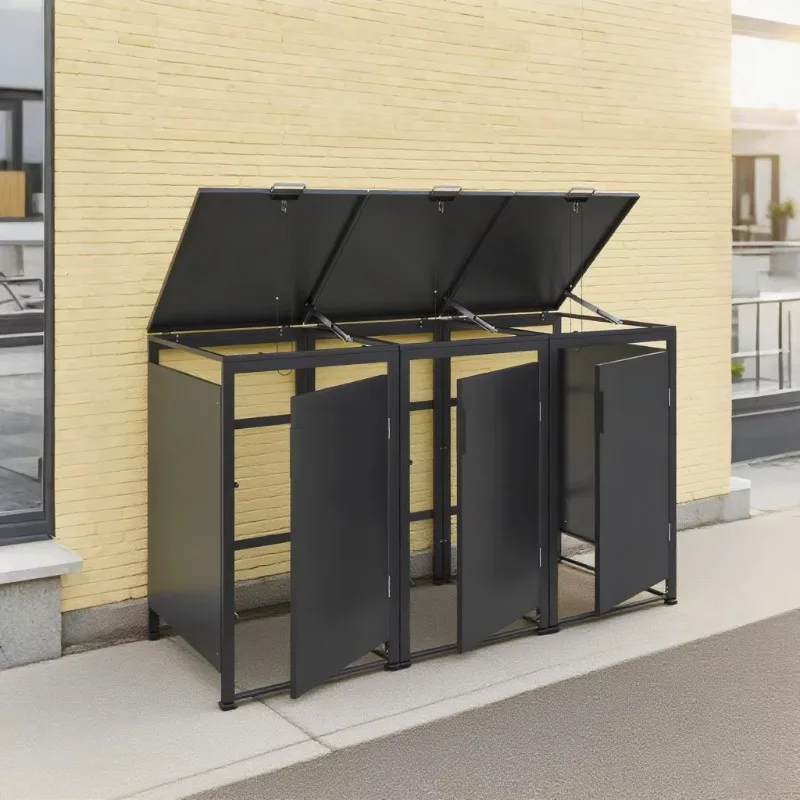 

Three heavy metal storage shed outer trash can box hidden place durable wheeled garden trash can storage shed