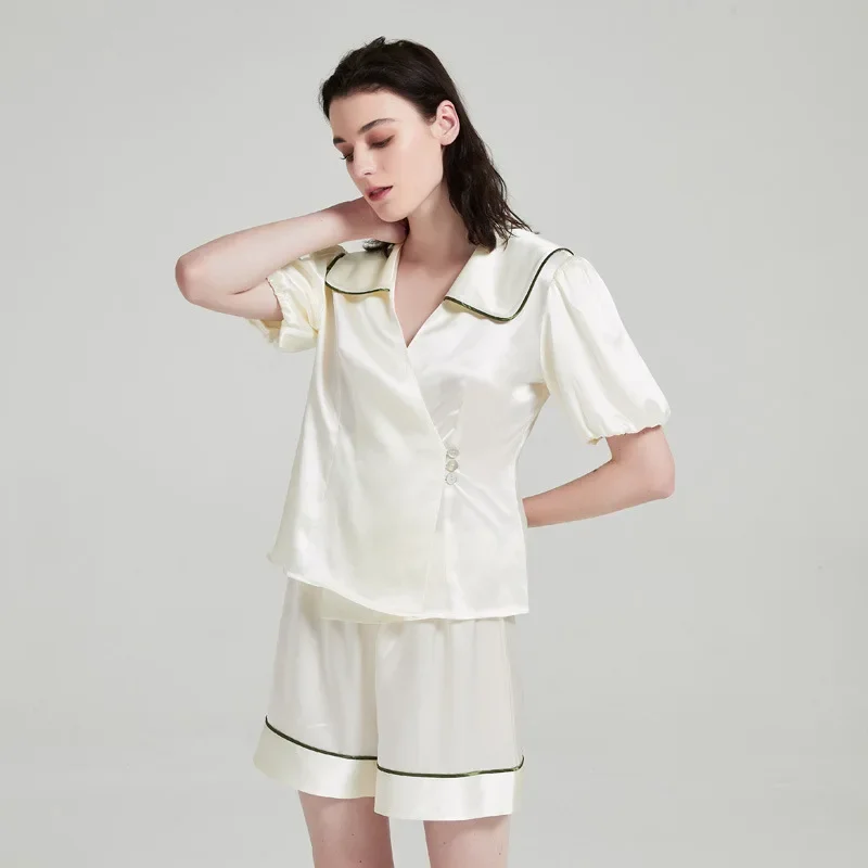 100% Mulberry Silk Sweet Sleepwear Leisure Set Summer Pajamas Shorts Set Square Collar Short-sleeved Two-piece Pajama Home Set