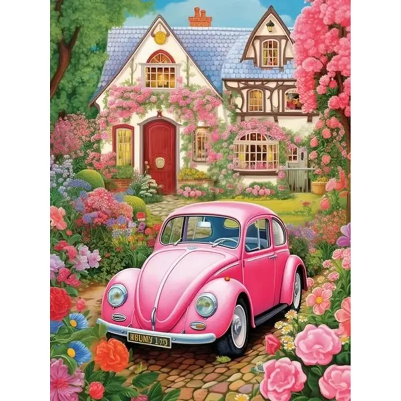 Pink VW beetle in a garden of pink roses painting by numbers kit