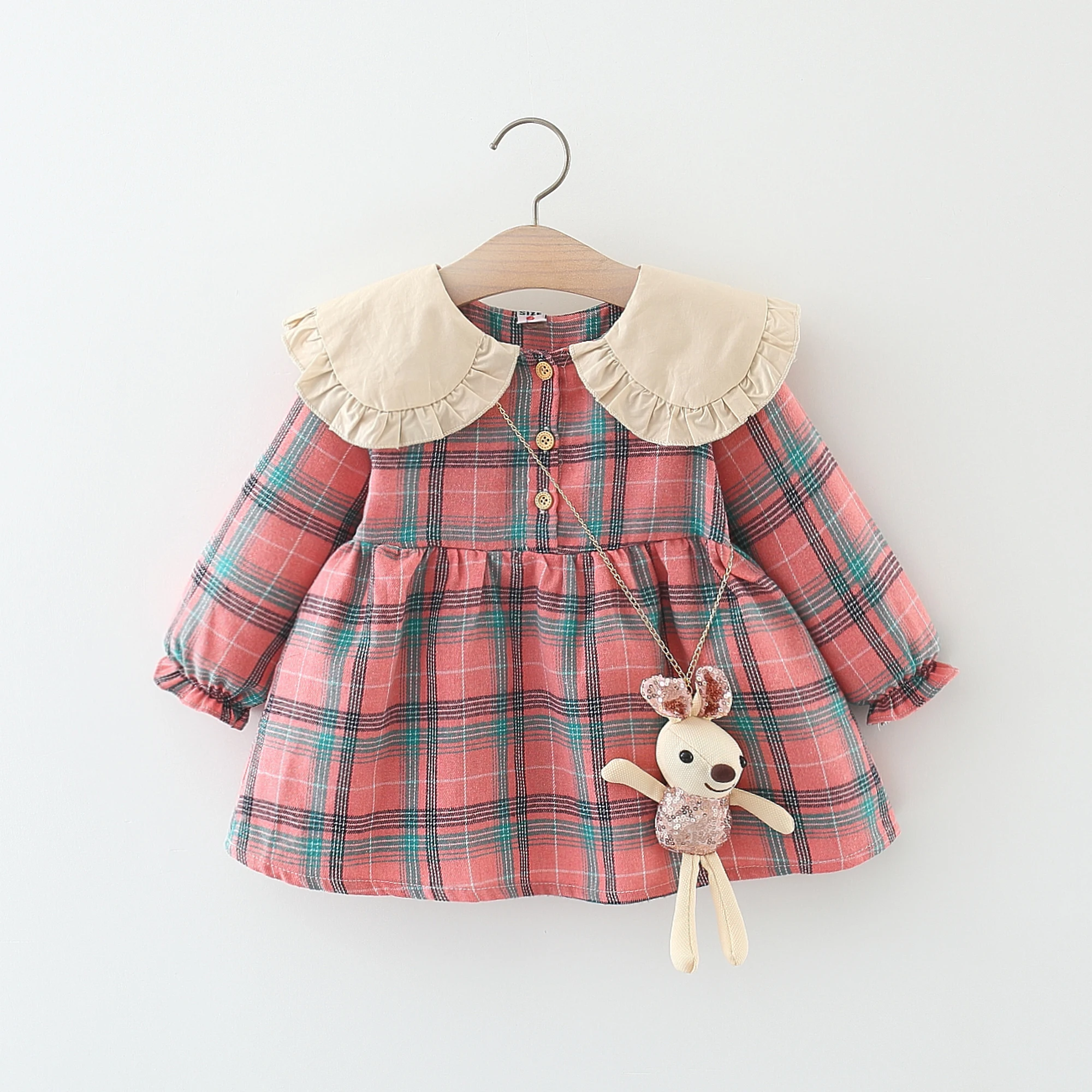 Summer girl kid sweet plaid sleeve doll neck dress princess dress baby dress+teddy bear pendant 6M-2T