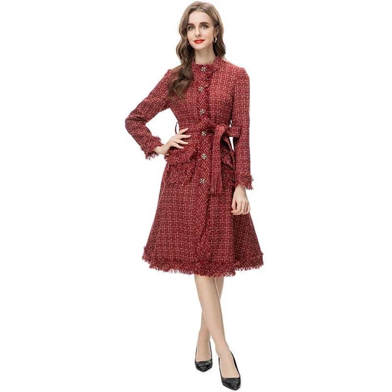 

2024 Fashion Designer Overcoat Women's French style O-Neck Long Sleeves Detachable Girdle Small Diamond Button Plaid Tweed Coat