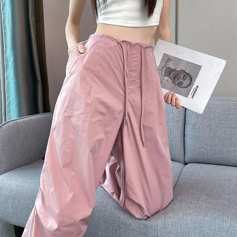 Capris Spliced Cargo Pants Women Ankle Length Straight Pant Pockets Streetwear High Waist Drawstring Loose 2025 Summer