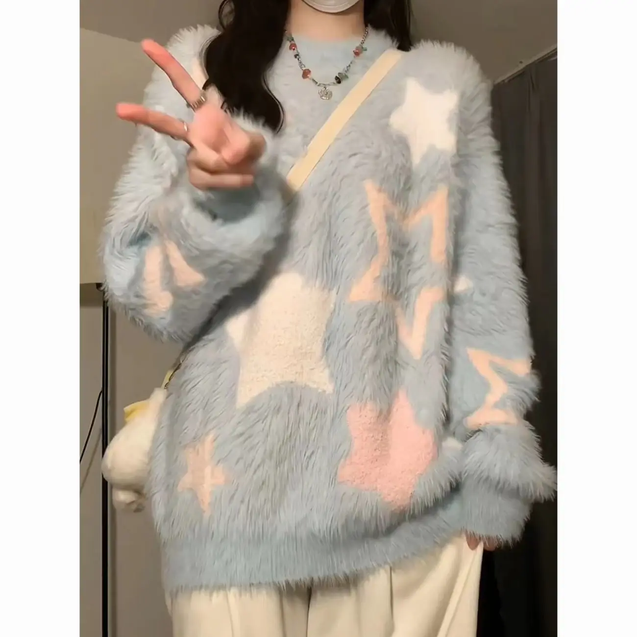 

Korean reviews many girls clothes,woman clothing,Y2K subculture,blue Star pattern Top,Women's sweater,Female clothing Streetwear