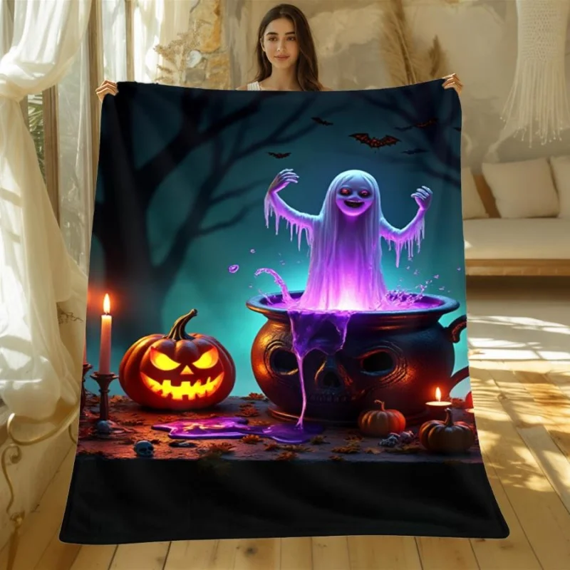 Neon Haunted House Pumpkin Bat Halloween Printed Blanket Soft Lightweight Spooky Holiday Home Decor Blanket