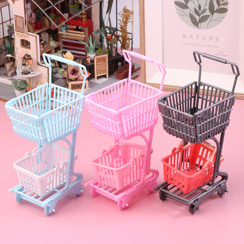 1/12 Dollhouse Mini Shopping Cart Supermarket Shopping Basket Model Dollhouse Supermarket Decoration Accessory Pretend Play Toy