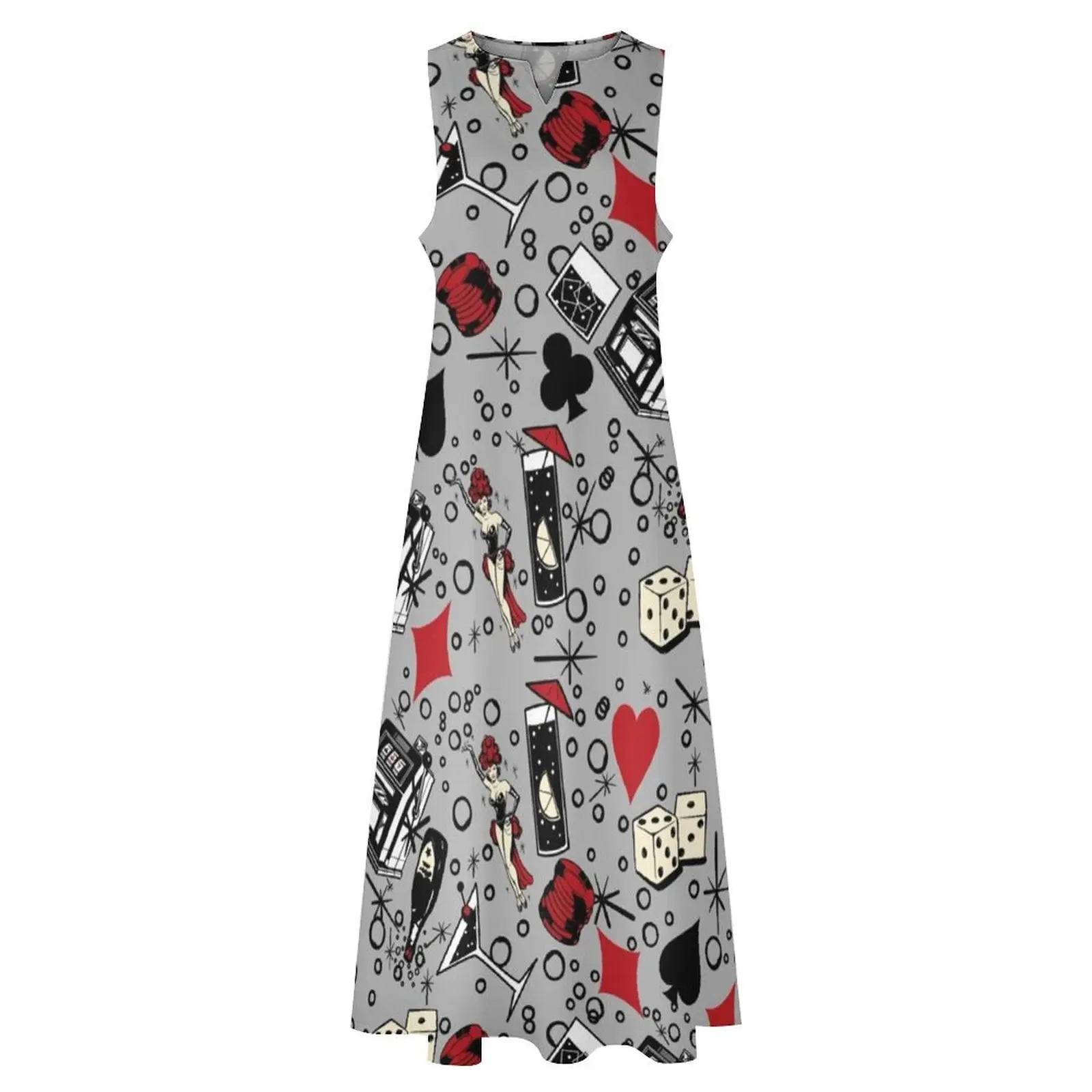 Viva Vegas Retro Casino Print-Vestido largo rojo, negro y gris Ropa vestido de fiesta femenino vestido elegante de lujo para mujer