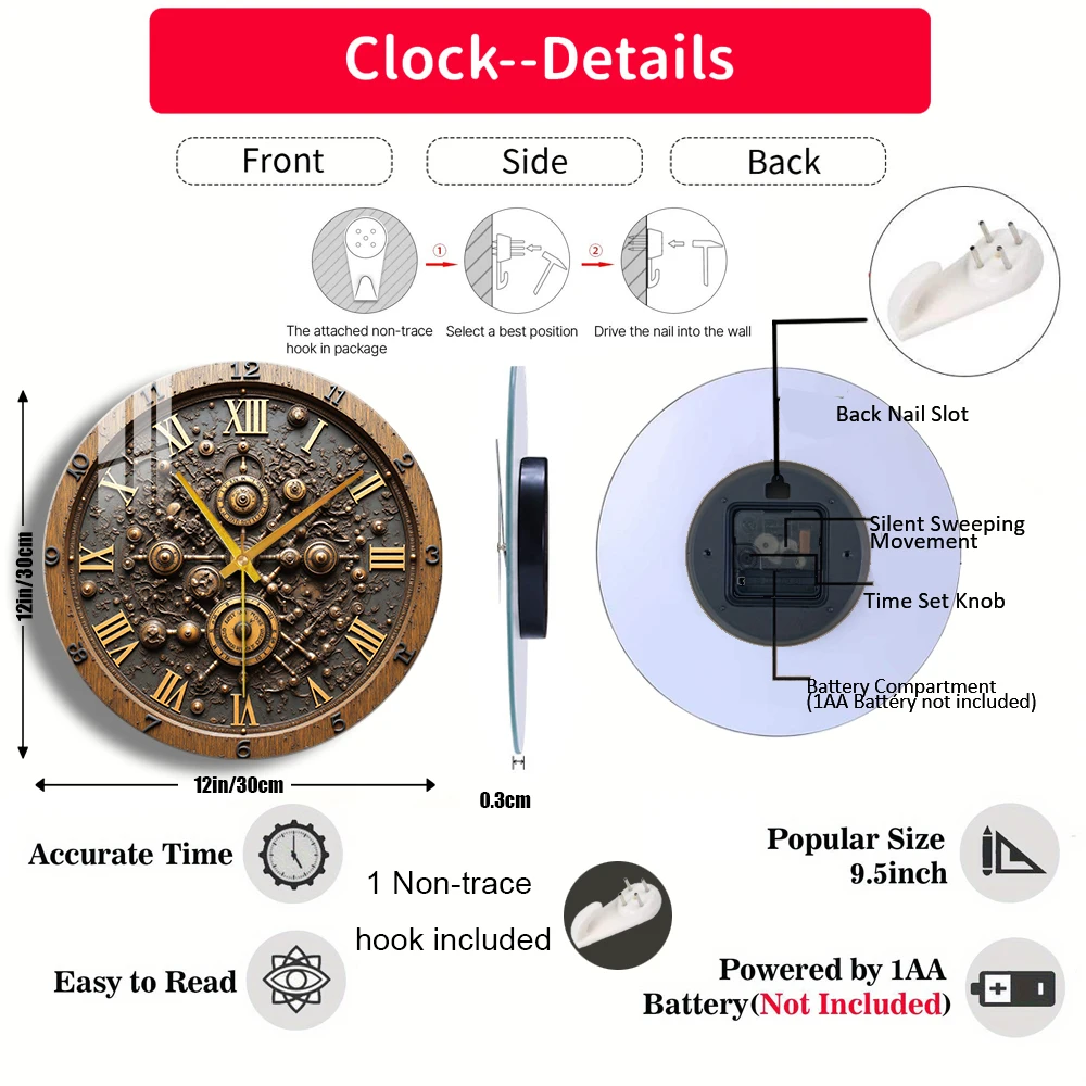 Tempered Glass Wall Clock Antique Brass Gear Clock Face Suitable For Wall Decor or Tabletop Display Anywhere
