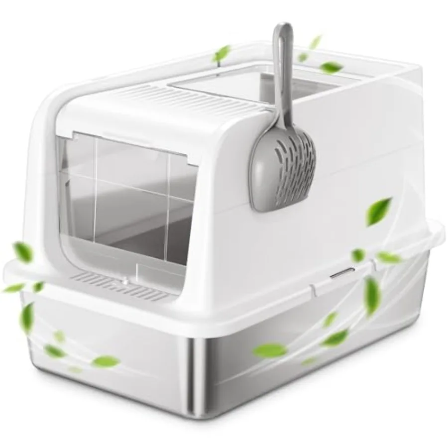 

® Stainless Steel Cat Litter Box with Lid - XL Large Enclosed/Open Litter Box with Anti Leakage Enclosure - Odor Free Hooded Li