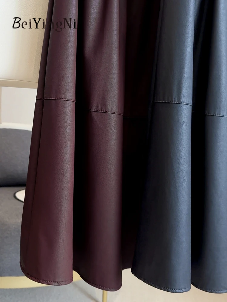 Damskie skórzane spódnice Beiyingni z wysokiej jakości skóry, jednolite kolory, rekreacyjne, jesień-zima 2025, damska spódnica w kształcie litery A z PU, łączone, codzienne faldas