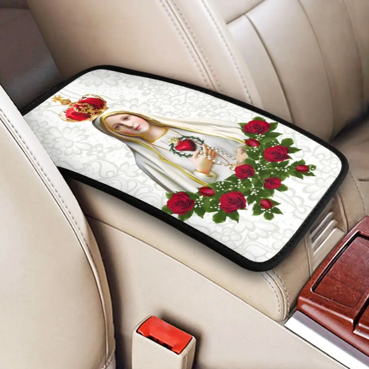 Our Lady Of Fatima Virgin Mary Car Armrest Cover Mat Non-Slip Rosary Catholic Center Console Cover Pad Car Interior Cushion