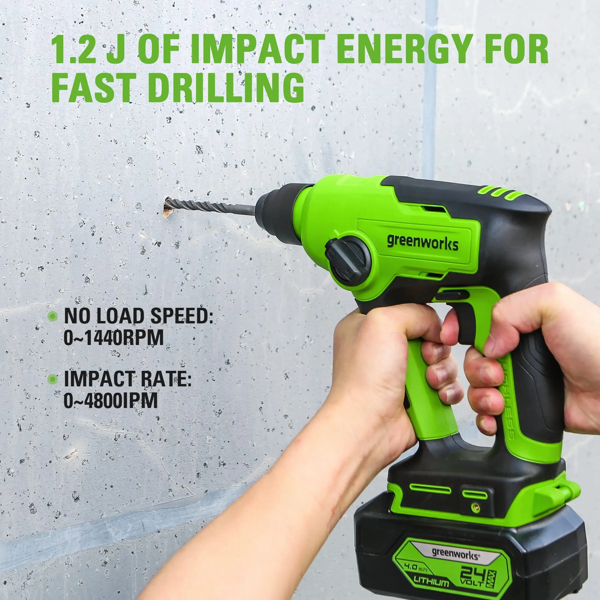 Greenworks 24V Rotary Hammer SDS-Plus 1.2J Impact Energy Variable Speed Brushless Motor Tool Only