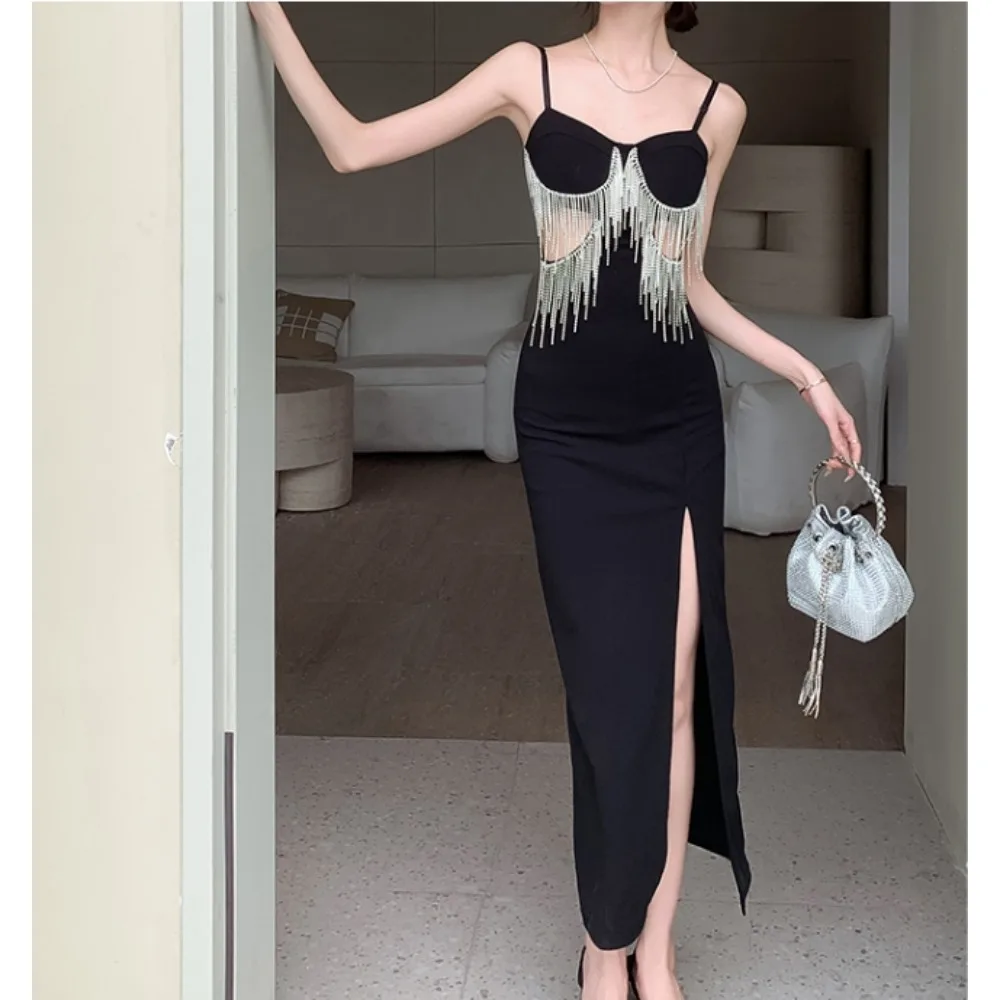 Sexy Off Shoulder Rhinestone Chain Tassels Backless Slip Dresses Chic Evening Party Club Fashion Summer Women Split Clothing