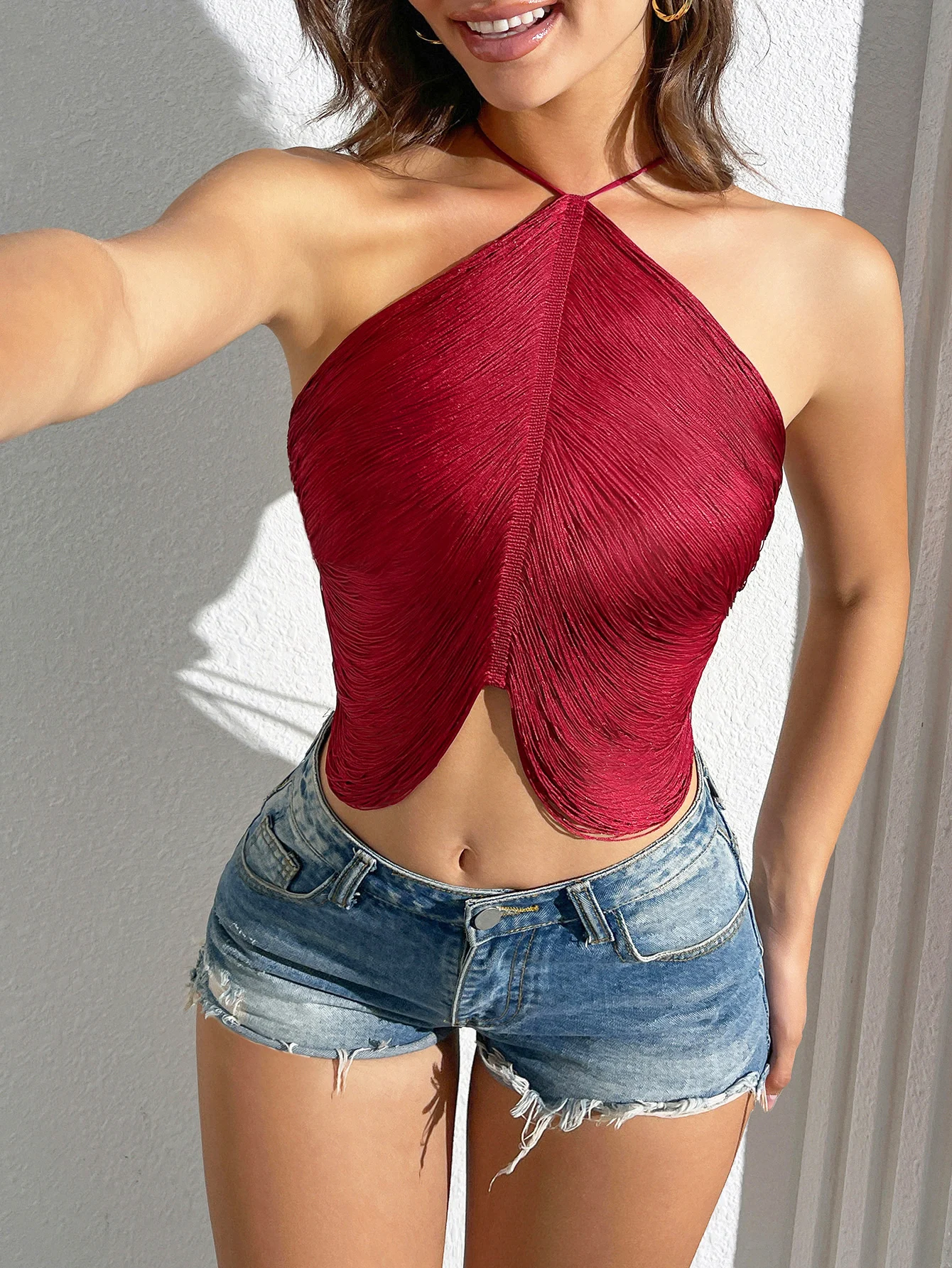 النبيذ الأحمر رداء علوي من دون أكمام للنساء القمم عارية الذراعين مثير الهذيان وتتسابق أكمام الصليب حتى Bralette المحاصيل الأعلى الصيف الشارع الشهير 2026 مثير الملابس الداخلية #5