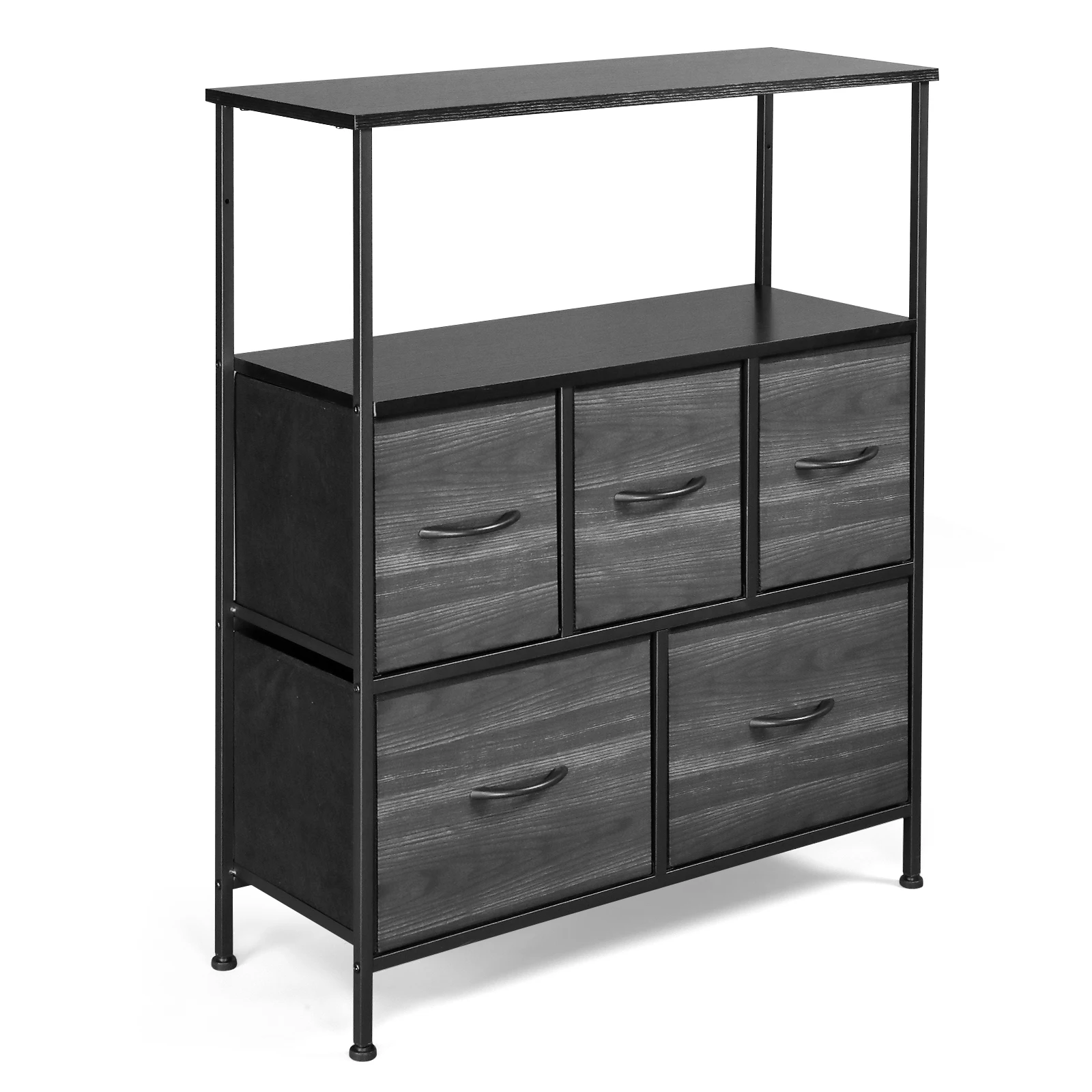 5 drawers, 2 large and 3 small, with top shelf, non-woven storage cabinet, black wood grain drawer surface