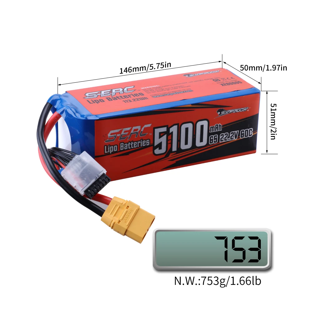 Sunpadow RC 3S 4S 6S Lipo Battery 5100mAh for 11.1V 14.8V 22.2V with XT60 XT90 Plug For Rcing Airplane Drone FPV Helicopter