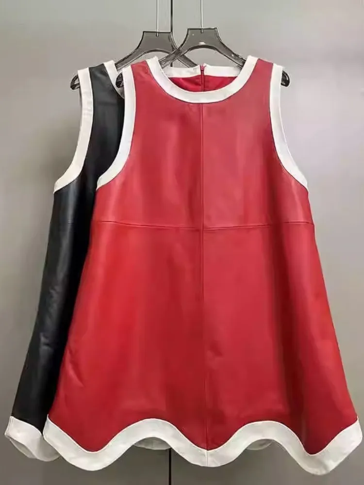 Mixed Colors Women Sweet Genuine Leather Dress O-Neck Sleeveless A-Line Short Dresses Casual Loose Fit Lady PulloverTank Dress