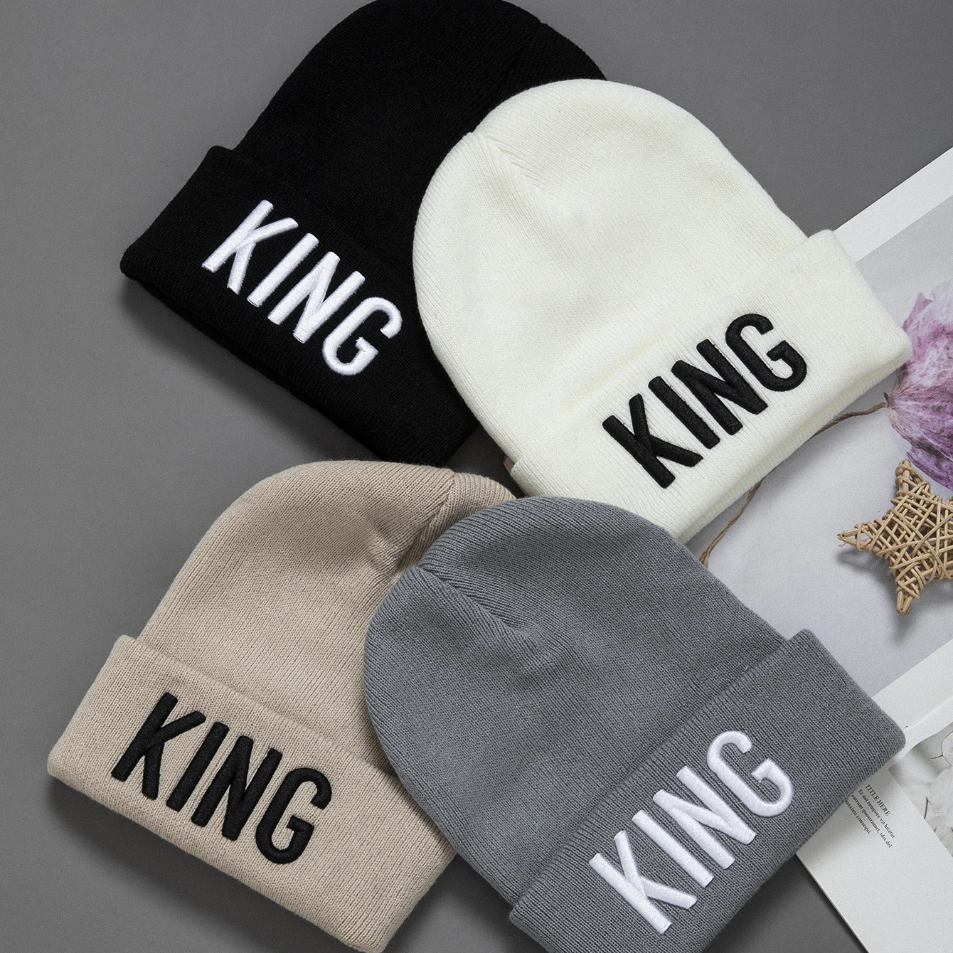 Unisex embroidered knitted hat Letter King Winter warm woolen hat A stylish hat that goes with everything