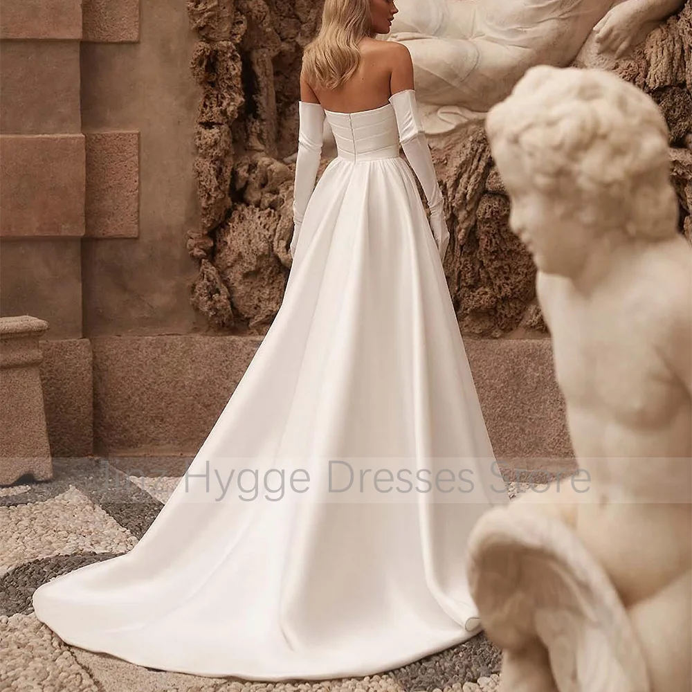 Satin Wedding Dress White Strapless A Line Criss-Cross Split Wedding Gowns for Women 2024 Bride Sweep Train Elegant Bridal Dress