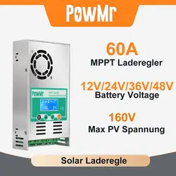 PowMr 60A MPPT Solar Charge Controller LCD Input 160VDC Lead Acid Lithium Batteries 12V 24V Solar Panel Battery Charge Regulator