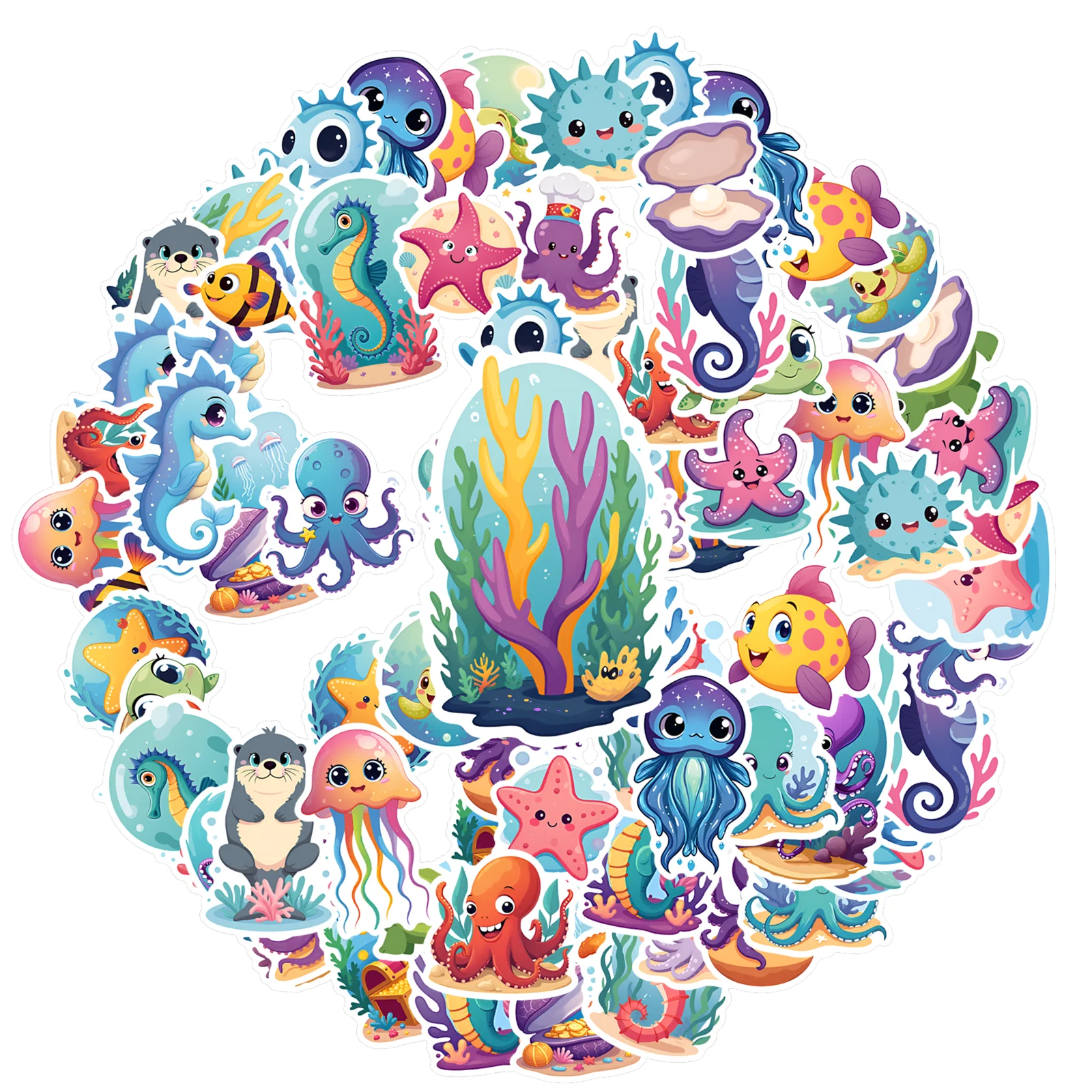 

35pcs-50pcs Cartoon Marine Animals Stickers Colorful Sea Life Stickers Animal Stickers For DIY Phone Laptop Scrapbook