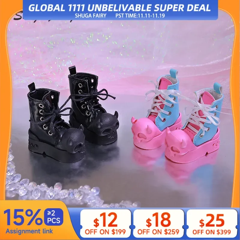 

Shuga Fairy Halloween BJD Shoes for 1/4 Mini Toy High Boots Black and Pink Colors Shoes for UNA BJD Accessories WX4-299