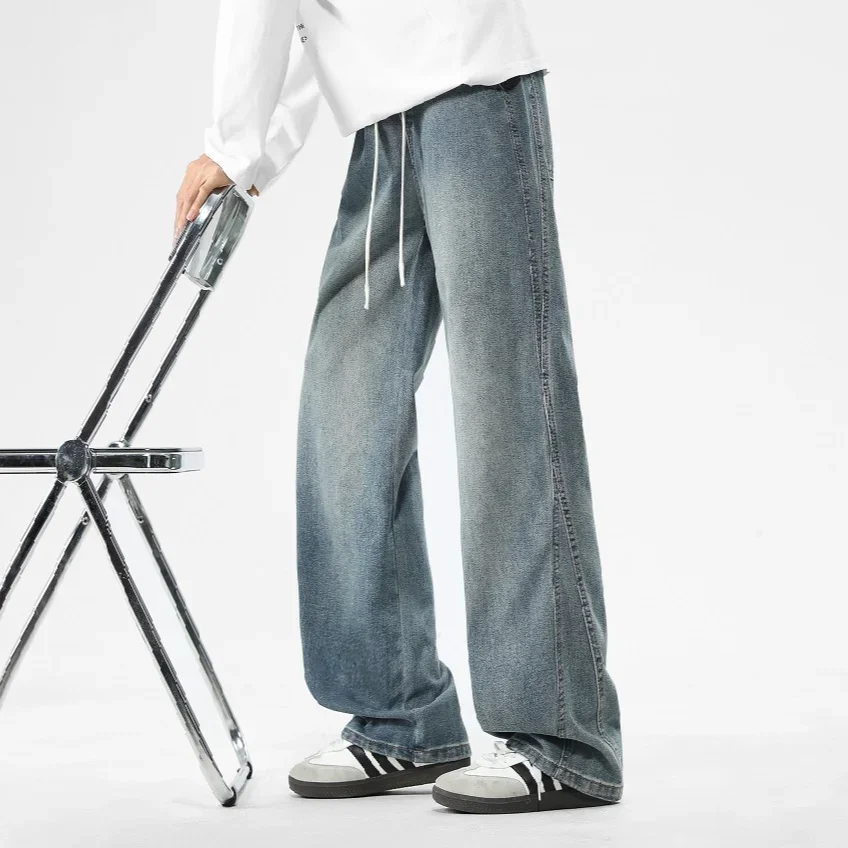 الكورية الشارع الرجال الجينز المألوف فضفاض مستقيم واسعة الساق السراويل للمراهقين أبيض رمادي الدنيم في الهواء الطلق الهيب هوب سراويل تقليدية