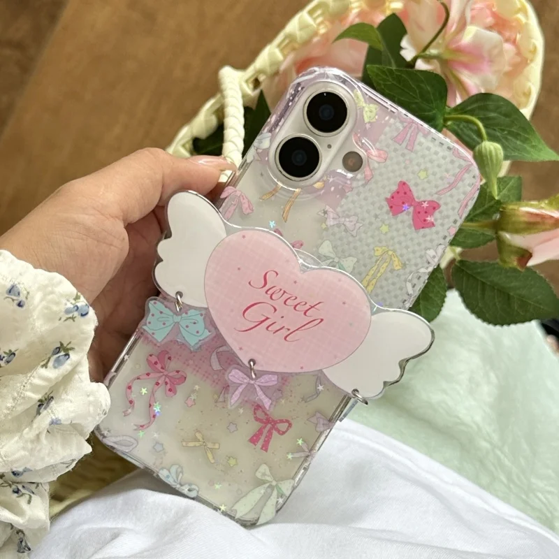 

Ins Cute Sweet Colorful Bow lattice Star Glitter Phone Case For iPhone 13 14 15 16 Pro Max Pink Love Heart Angel Wings Holder