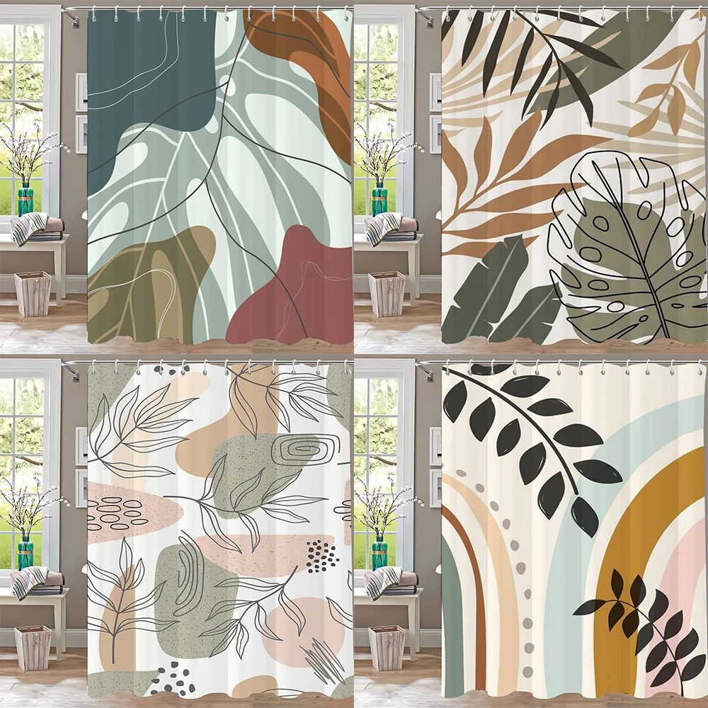 

1 шт. Минималистичная занавеска для душа с принтом листьев, современная занавеска для ванной с рисунком листьев, домашняя декоративная занавеска из полиэстера с крючками
