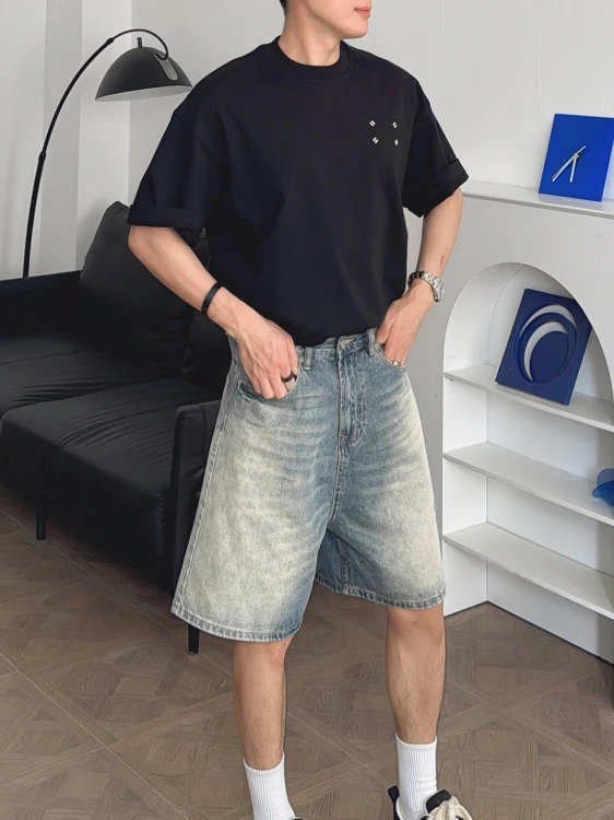 

Ripped Denim orts Men's Summer Hiphop High-End adient Desert Sle Five-Quarter Pants Trendy Youth Straight Leg Jeans