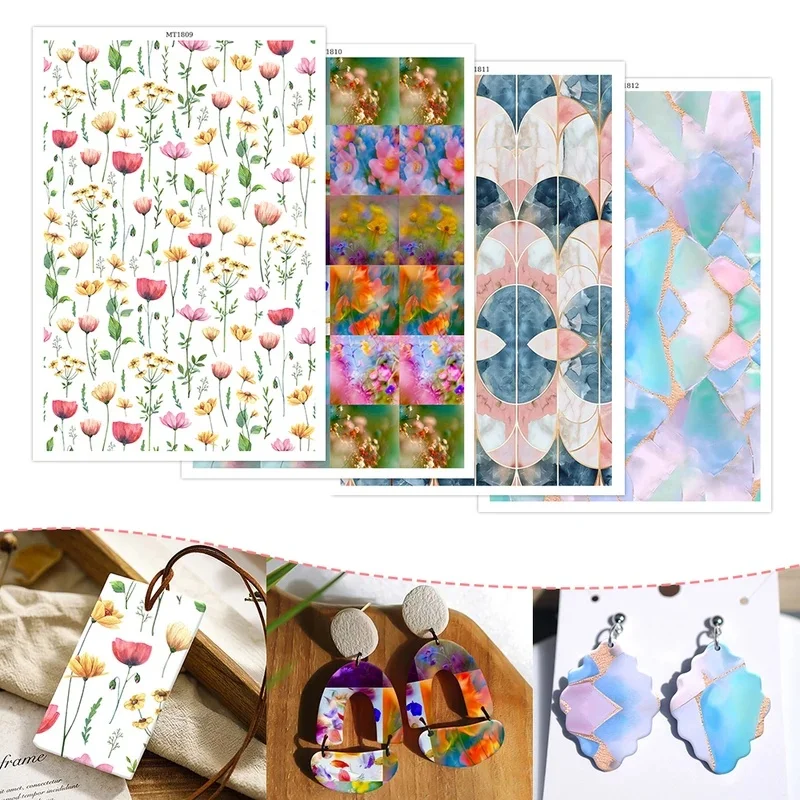 Watercolor Wildflower Polymer Clay Transfer Paper Abstract Marble Geometric Design Earring Making Decal Stickers for DIY