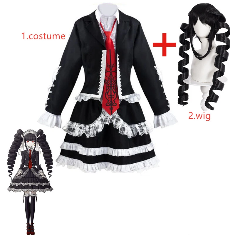 Danganronpa Celestia Ludenberg przebranie na karnawał Yasuhiro Taeko peruka do Cosplay metalowy pierścień kości odzież w tym naszyjnik krawatowy skarpetki