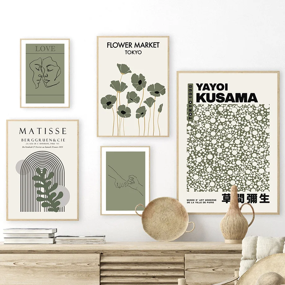 Sage Green Yayoi Kusama Matisse Flower Wall Art Canvas Painting Nordic Posters And Prints Wall Pictures For Living Room Decor