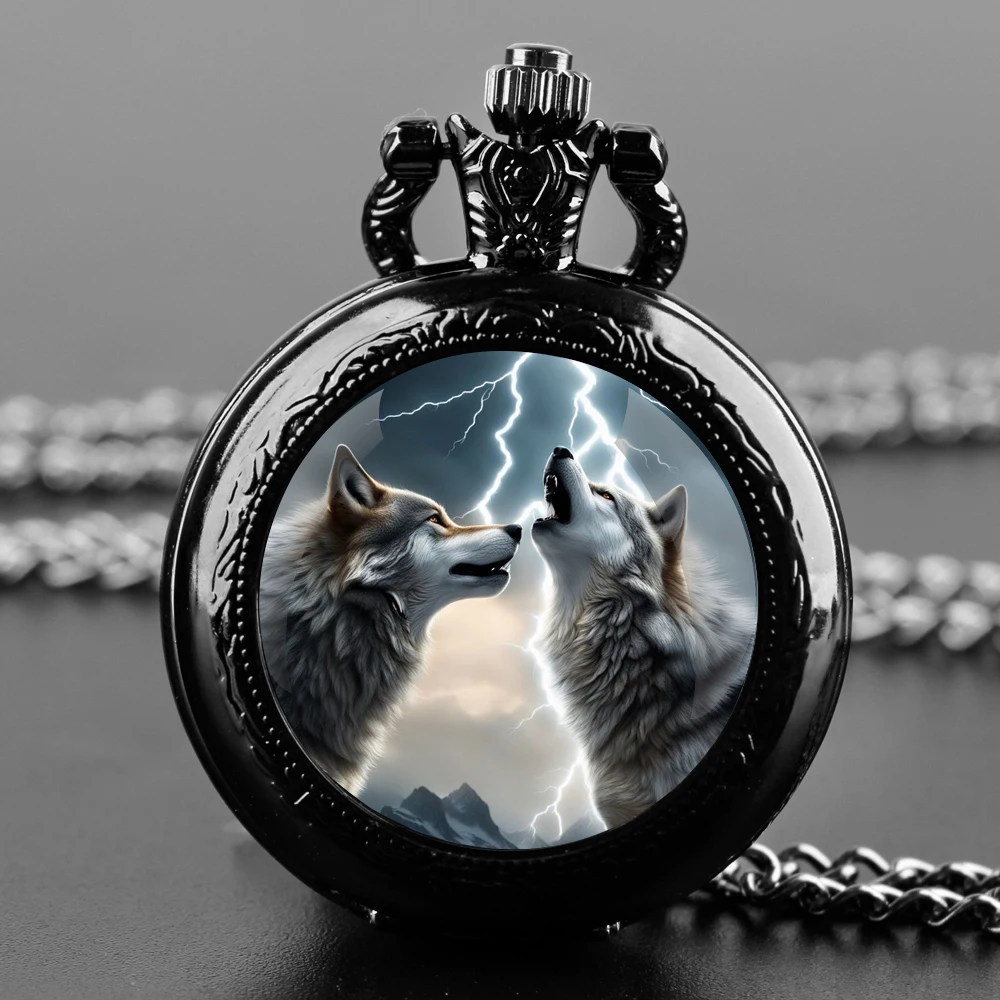 Lightning Wolf Design Glass Dome Quartz Pocket Watch With Durable Chain Arabic Numeral Dial For Men And Women Creative Gifts